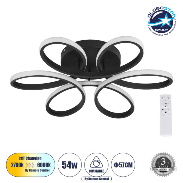 GloboStar® MARGARET 61400 Φωτιστικό Οροφής Design LED CCT 54W 6210lm 360° AC 220-240V – Εναλλαγή Φωτισμού μέσω Τηλεχειριστηρίου All In One Ψυχρό 6000k+Φυσικό 4500k+Θερμό 2700k Dimmable Φ57 x Υ12cm – Μαύρο – 3 Years Warranty