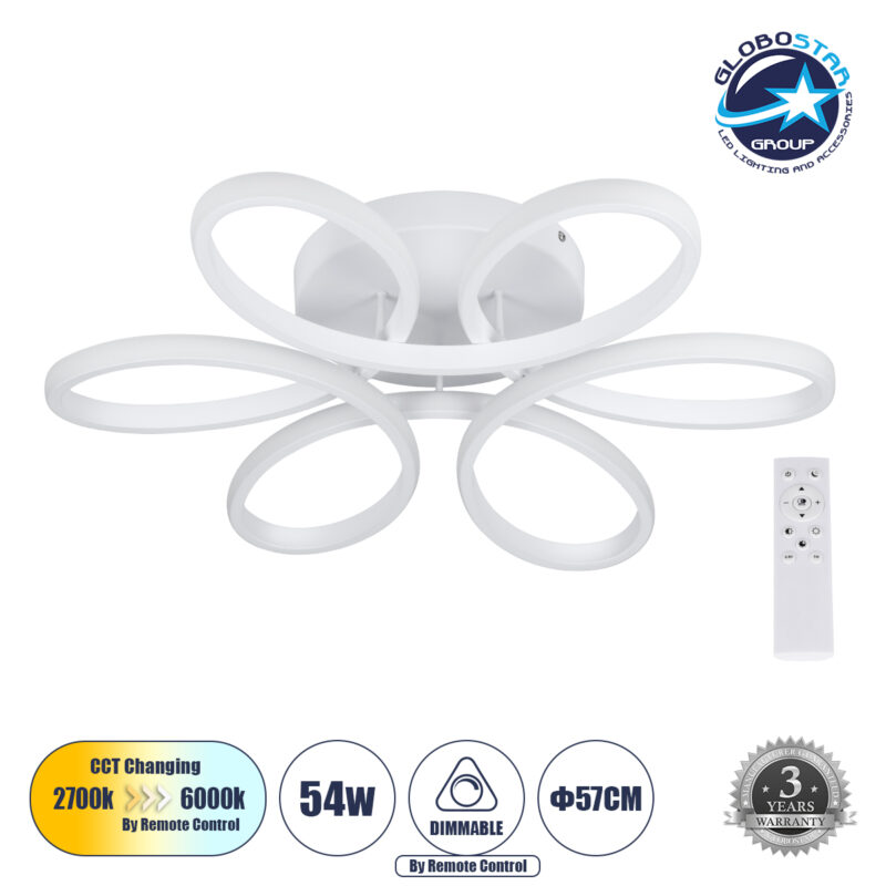 GloboStar® MARGARET 61401 Φωτιστικό Οροφής Design LED CCT 54W 6210lm 360° AC 220-240V – Εναλλαγή Φωτισμού μέσω Τηλεχειριστηρίου All In One Ψυχρό 6000k+Φυσικό 4500k+Θερμό 2700k Dimmable Φ57 x Υ12cm – Λευκό – 3 Years Warranty