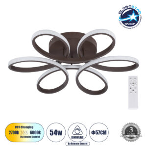GloboStar® MARGARET 61402 Φωτιστικό Οροφής Design LED CCT 54W 6210lm 360° AC 220-240V – Εναλλαγή Φωτισμού μέσω Τηλεχειριστηρίου All In One Ψυχρό 6000k+Φυσικό 4500k+Θερμό 2700k Dimmable Φ57 x Υ12cm – Καφέ – 3 Years Warranty
