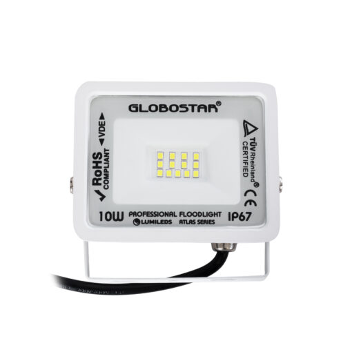 GloboStar® ATLAS 61404 Επαγγελματικός Προβολέας LED 10W 1250lm 120° AC 220-240V – Αδιάβροχος IP67 – Μ10 x Π2 x Υ8cm – Λευκό – Ψυχρό Λευκό 6000K – LUMILEDS Chips – TÜV Rheinland Certified – 5 Years Warranty