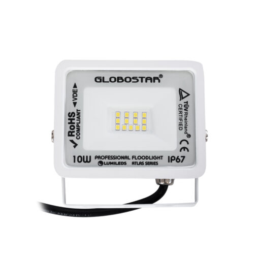 GloboStar® ATLAS 61405 Επαγγελματικός Προβολέας LED 10W 1200lm 120° AC 220-240V – Αδιάβροχος IP67 – Μ10 x Π2 x Υ8cm – Λευκό – Φυσικό Λευκό 4500K – LUMILEDS Chips – TÜV Rheinland Certified – 5 Years Warranty