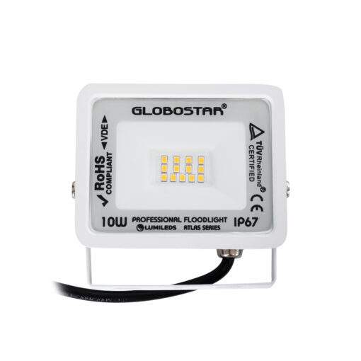 GloboStar® ATLAS 61406 Επαγγελματικός Προβολέας LED 10W 1150lm 120° AC 220-240V – Αδιάβροχος IP67 – Μ10 x Π2 x Υ8cm – Λευκό – Θερμό Λευκό 2700K – LUMILEDS Chips – TÜV Rheinland Certified – 5 Years Warranty