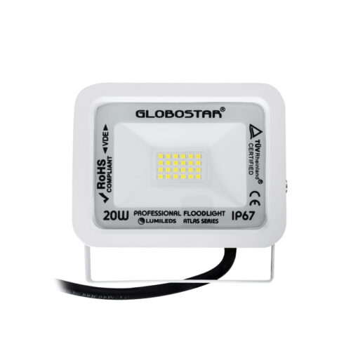 GloboStar® ATLAS 61407 Επαγγελματικός Προβολέας LED 20W 2500lm 120° AC 220-240V – Αδιάβροχος IP67 – Μ12 x Π2.5 x Υ9.5cm – Λευκό – Ψυχρό Λευκό 6000K – LUMILEDS Chips – TÜV Rheinland Certified – 5 Years Warranty