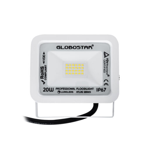 GloboStar® ATLAS 61408 Επαγγελματικός Προβολέας LED 20W 2400lm 120° AC 220-240V – Αδιάβροχος IP67 – Μ12 x Π2.5 x Υ9.5cm – Λευκό – Φυσικό Λευκό 4500K – LUMILEDS Chips – TÜV Rheinland Certified – 5 Years Warranty