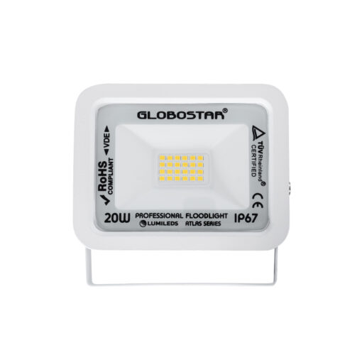 GloboStar® ATLAS 61409 Επαγγελματικός Προβολέας LED 20W 2300lm 120° AC 220-240V – Αδιάβροχος IP67 – Μ12 x Π2.5 x Υ9.5cm – Λευκό – Θερμό Λευκό 2700K – LUMILEDS Chips – TÜV Rheinland Certified – 5 Years Warranty