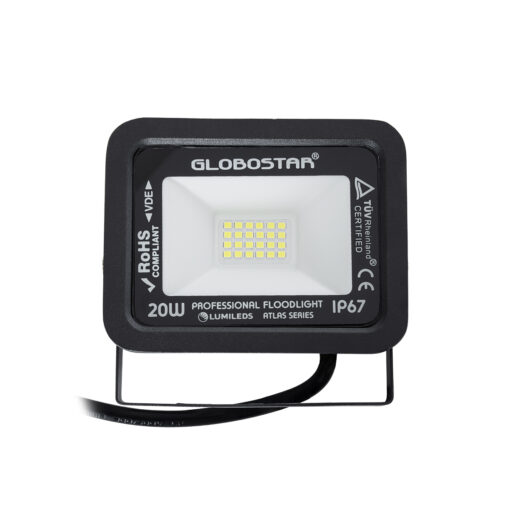 GloboStar® ATLAS 61410 Επαγγελματικός Προβολέας LED 20W 2500lm 120° AC 220-240V – Αδιάβροχος IP67 – Μ12 x Π2.5 x Υ9.5cm – Μαύρο – Ψυχρό Λευκό 6000K – LUMILEDS Chips – TÜV Rheinland Certified – 5 Years Warranty