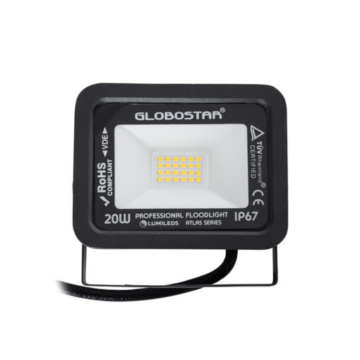 GloboStar® ATLAS 61412 Επαγγελματικός Προβολέας LED 20W 2300lm 120° AC 220-240V – Αδιάβροχος IP67 – Μ12 x Π2.5 x Υ9.5cm – Μαύρο – Θερμό Λευκό 2700K – LUMILEDS Chips – TÜV Rheinland Certified – 5 Years Warranty