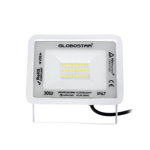 GloboStar® ATLAS 61413 Επαγγελματικός Προβολέας LED 30W 3750lm 120° AC 220-240V – Αδιάβροχος IP67 – Μ16 x Π2.5 x Υ12.5cm – Λευκό – Ψυχρό Λευκό 6000K – LUMILEDS Chips – TÜV Rheinland Certified – 5 Years Warranty