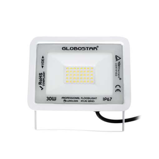 GloboStar® ATLAS 61414 Επαγγελματικός Προβολέας LED 30W 3600lm 120° AC 220-240V – Αδιάβροχος IP67 – Μ16 x Π2.5 x Υ12.5cm – Λευκό – Φυσικό Λευκό 4500K – LUMILEDS Chips – TÜV Rheinland Certified – 5 Years Warranty