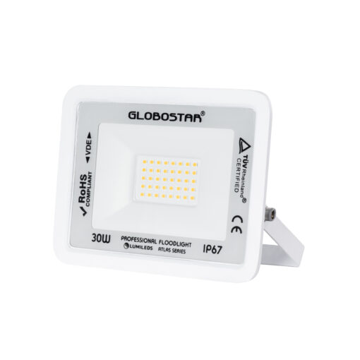 GloboStar® ATLAS 61415 Επαγγελματικός Προβολέας LED 30W 3450lm 120° AC 220-240V – Αδιάβροχος IP67 – Μ16 x Π2.5 x Υ12.5cm – Λευκό – Θερμό Λευκό 2700K – LUMILEDS Chips – TÜV Rheinland Certified – 5 Years Warranty