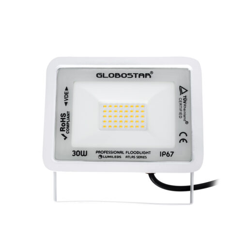 GloboStar® ATLAS 61415 Επαγγελματικός Προβολέας LED 30W 3450lm 120° AC 220-240V – Αδιάβροχος IP67 – Μ16 x Π2.5 x Υ12.5cm – Λευκό – Θερμό Λευκό 2700K – LUMILEDS Chips – TÜV Rheinland Certified – 5 Years Warranty