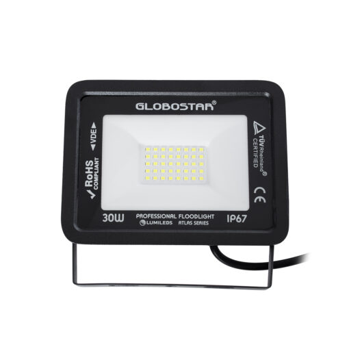 GloboStar® ATLAS 61416 Επαγγελματικός Προβολέας LED 30W 3750lm 120° AC 220-240V – Αδιάβροχος IP67 – Μ16 x Π2.5 x Υ12.5cm – Μαύρο – Ψυχρό Λευκό 6000K – LUMILEDS Chips – TÜV Rheinland Certified – 5 Years Warranty