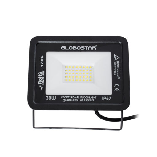 GloboStar® ATLAS 61417 Επαγγελματικός Προβολέας LED 30W 3600lm 120° AC 220-240V – Αδιάβροχος IP67 – Μ16 x Π2.5 x Υ12.5cm – Μαύρο – Φυσικό Λευκό 4500K – LUMILEDS Chips – TÜV Rheinland Certified – 5 Years Warranty