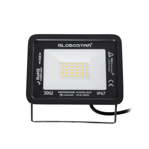 GloboStar® ATLAS 61418 Επαγγελματικός Προβολέας LED 30W 3450lm 120° AC 220-240V – Αδιάβροχος IP67 – Μ16 x Π2.5 x Υ12.5cm – Μαύρο – Θερμό Λευκό 2700K – LUMILEDS Chips – TÜV Rheinland Certified – 5 Years Warranty