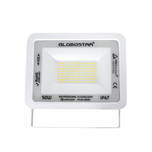 GloboStar® ATLAS 61419 Επαγγελματικός Προβολέας LED 50W 6250lm 120° AC 220-240V – Αδιάβροχος IP67 – Μ21 x Π3.5 x Υ16cm – Λευκό – Ψυχρό Λευκό 6000K – LUMILEDS Chips – TÜV Rheinland Certified – 5 Years Warranty
