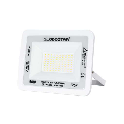 GloboStar® ATLAS 61420 Επαγγελματικός Προβολέας LED 50W 6000lm 120° AC 220-240V – Αδιάβροχος IP67 – Μ21 x Π3.5 x Υ16cm – Λευκό – Φυσικό Λευκό 4500K – LUMILEDS Chips – TÜV Rheinland Certified – 5 Years Warranty