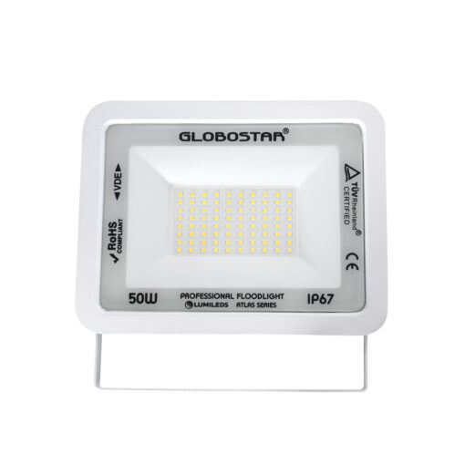 GloboStar® ATLAS 61420 Επαγγελματικός Προβολέας LED 50W 6000lm 120° AC 220-240V – Αδιάβροχος IP67 – Μ21 x Π3.5 x Υ16cm – Λευκό – Φυσικό Λευκό 4500K – LUMILEDS Chips – TÜV Rheinland Certified – 5 Years Warranty