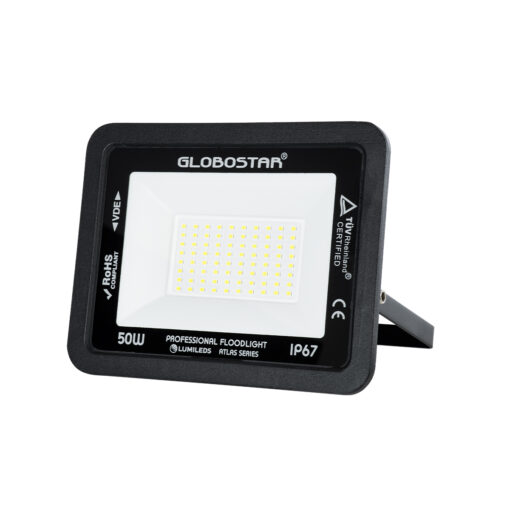 GloboStar® ATLAS 61422 Επαγγελματικός Προβολέας LED 50W 6250lm 120° AC 220-240V – Αδιάβροχος IP67 – Μ21 x Π3.5 x Υ16cm – Μαύρο – Ψυχρό Λευκό 6000K – LUMILEDS Chips – TÜV Rheinland Certified – 5 Years Warranty