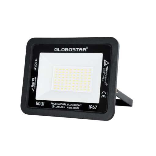 GloboStar® ATLAS 61423 Επαγγελματικός Προβολέας LED 50W 6000lm 120° AC 220-240V – Αδιάβροχος IP67 – Μ21 x Π3.5 x Υ16cm – Μαύρο – Φυσικό Λευκό 4500K – LUMILEDS Chips – TÜV Rheinland Certified – 5 Years Warranty