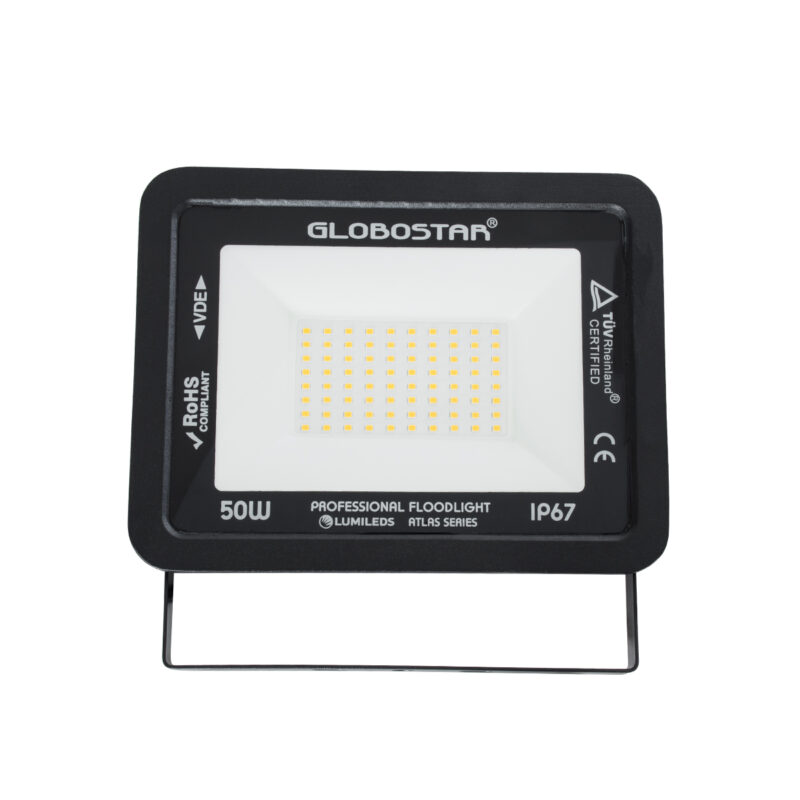 GloboStar® ATLAS 61424 Επαγγελματικός Προβολέας LED 50W 5750lm 120° AC 220-240V – Αδιάβροχος IP67 – Μ21 x Π3.5 x Υ16cm – Μαύρο – Θερμό Λευκό 2700K – LUMILEDS Chips – TÜV Rheinland Certified – 5 Years Warranty