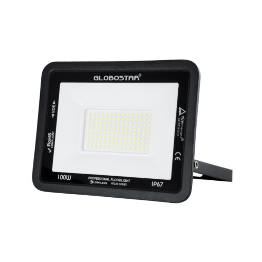 GloboStar® ATLAS 61425 Επαγγελματικός Προβολέας LED 100W 12500lm 120° AC 220-240V – Αδιάβροχος IP67 – Μ27 x Π4 x Υ21cm – Μαύρο – Ψυχρό Λευκό 6000K – LUMILEDS Chips – TÜV Rheinland Certified – 5 Years Warranty