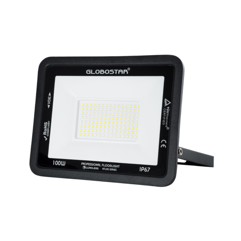 GloboStar® ATLAS 61425 Επαγγελματικός Προβολέας LED 100W 12500lm 120° AC 220-240V – Αδιάβροχος IP67 – Μ27 x Π4 x Υ21cm – Μαύρο – Ψυχρό Λευκό 6000K – LUMILEDS Chips – TÜV Rheinland Certified – 5 Years Warranty