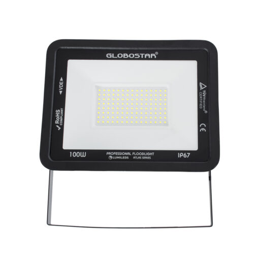 GloboStar® ATLAS 61425 Επαγγελματικός Προβολέας LED 100W 12500lm 120° AC 220-240V – Αδιάβροχος IP67 – Μ27 x Π4 x Υ21cm – Μαύρο – Ψυχρό Λευκό 6000K – LUMILEDS Chips – TÜV Rheinland Certified – 5 Years Warranty