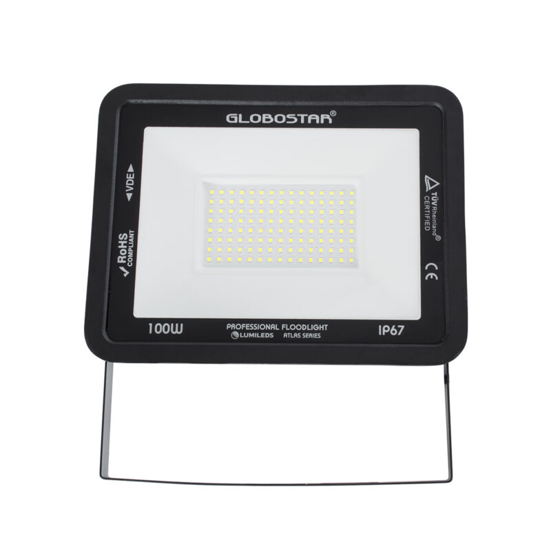 GloboStar® ATLAS 61425 Επαγγελματικός Προβολέας LED 100W 12500lm 120° AC 220-240V – Αδιάβροχος IP67 – Μ27 x Π4 x Υ21cm – Μαύρο – Ψυχρό Λευκό 6000K – LUMILEDS Chips – TÜV Rheinland Certified – 5 Years Warranty