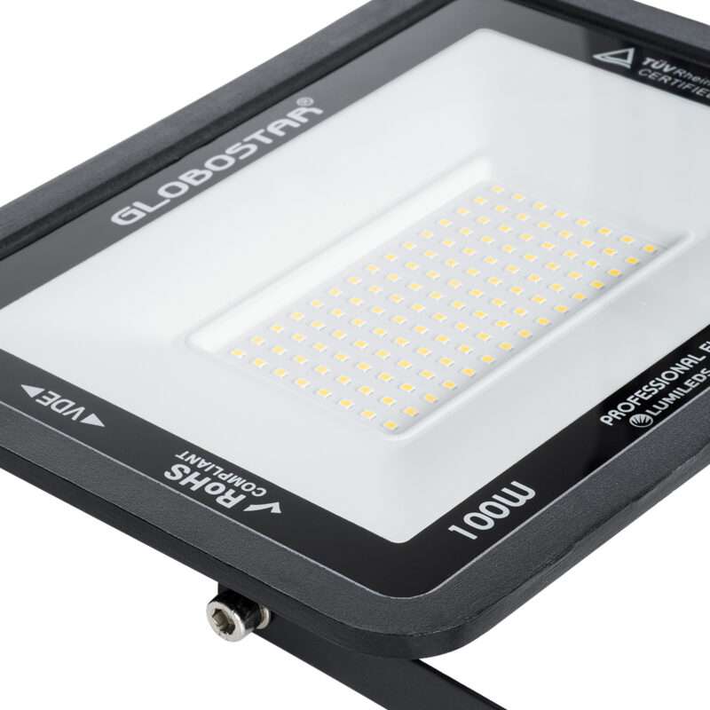 GloboStar® ATLAS 61425 Επαγγελματικός Προβολέας LED 100W 12500lm 120° AC 220-240V – Αδιάβροχος IP67 – Μ27 x Π4 x Υ21cm – Μαύρο – Ψυχρό Λευκό 6000K – LUMILEDS Chips – TÜV Rheinland Certified – 5 Years Warranty