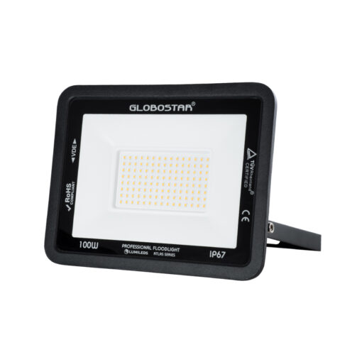 GloboStar® ATLAS 61427 Επαγγελματικός Προβολέας LED 100W 11500lm 120° AC 220-240V – Αδιάβροχος IP67 – Μ27 x Π4 x Υ21cm – Μαύρο – Θερμό Λευκό 2700K – LUMILEDS Chips – TÜV Rheinland Certified – 5 Years Warranty
