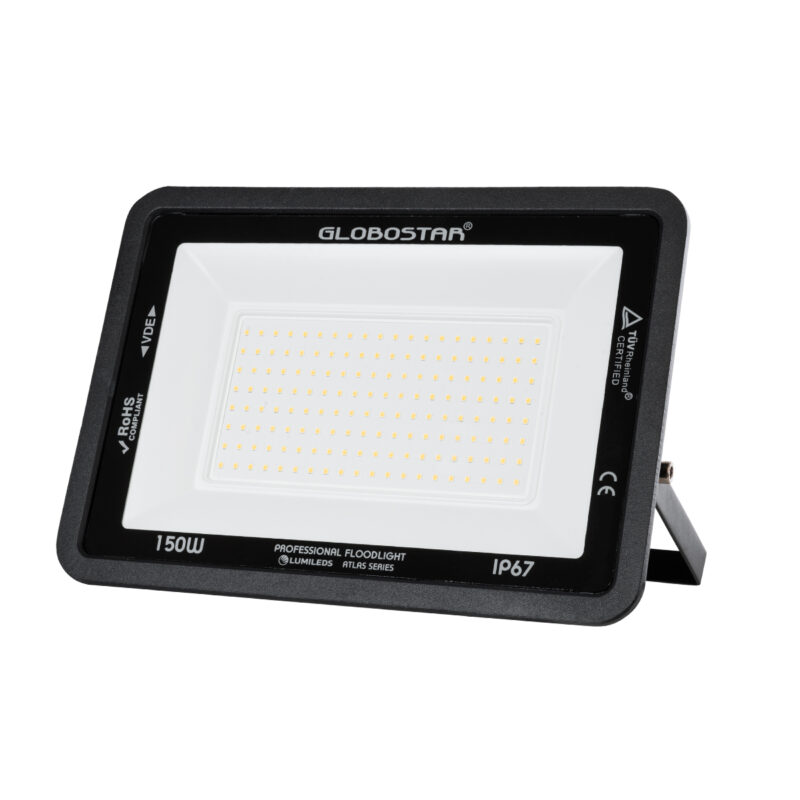 GloboStar® ATLAS 61430 Επαγγελματικός Προβολέας LED 150W 17250lm 120° AC 220-240V – Αδιάβροχος IP67 – Μ32 x Π4 x Υ23cm – Μαύρο – Θερμό Λευκό 2700K – LUMILEDS Chips – TÜV Rheinland Certified – 5 Years Warranty