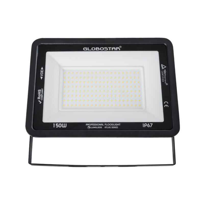 GloboStar® ATLAS 61430 Επαγγελματικός Προβολέας LED 150W 17250lm 120° AC 220-240V – Αδιάβροχος IP67 – Μ32 x Π4 x Υ23cm – Μαύρο – Θερμό Λευκό 2700K – LUMILEDS Chips – TÜV Rheinland Certified – 5 Years Warranty