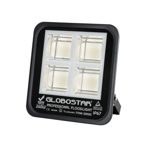 GloboStar® TITAN 61434 Επαγγελματικός Προβολέας για Γήπεδα Tennis & Ποδοσφαίρου 5×5 LED 260W 32500lm 60°x90° FishEye AC 220-240V – Αδιάβροχος IP67 – Μ30 x Π8 x Υ28cm – Μαύρο – Φυσικό Λευκό 5000K – LUMILEDS Chips – TÜV Rheinland Certified – 5 Years Warranty