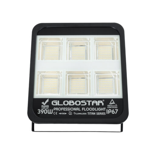 GloboStar® TITAN 61435 Επαγγελματικός Προβολέας για Γήπεδα Tennis & Ποδοσφαίρου 5×5 LED 390W 48750lm 60°x90° FishEye AC 220-240V – Αδιάβροχος IP67 – Μ32 x Π8 x Υ35cm – Μαύρο – Φυσικό Λευκό 5000K – LUMILEDS Chips – TÜV Rheinland Certified – 5 Χρόνια Εγγύηση