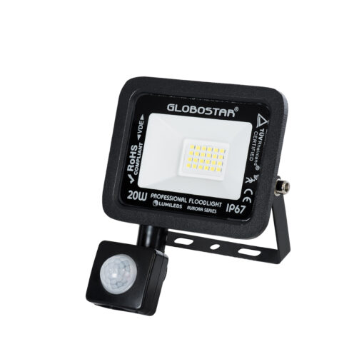 GloboStar® AURORA 61437 Επαγγελματικός Προβολέας LED 20W 2500lm 120° AC 220-240V με Ενσωματωμένο Ρυθμιζόμενο Αισθητήρα Κίνησης PIR – Αδιάβροχος IP67 – Μ12 x Π5 x Υ14.5cm – Μαύρο – Ψυχρό Λευκό 6000K – LUMILEDS Chips – TÜV Rheinland Certified – 3 Years Warranty