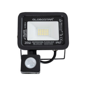 GloboStar® AURORA 61437 Επαγγελματικός Προβολέας LED 20W 2500lm 120° AC 220-240V με Ενσωματωμένο Ρυθμιζόμενο Αισθητήρα Κίνησης PIR – Αδιάβροχος IP67 – Μ12 x Π5 x Υ14.5cm – Μαύρο – Ψυχρό Λευκό 6000K – LUMILEDS Chips – TÜV Rheinland Certified – 3 Years Warranty
