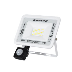 GloboStar® AURORA 61440 Επαγγελματικός Προβολέας LED 30W 3750lm 120° AC 220-240V με Ενσωματωμένο Ρυθμιζόμενο Αισθητήρα Κίνησης PIR – Αδιάβροχος IP67 – Μ16 x Π5 x Υ17.5cm – Λευκό – Ψυχρό Λευκό 6000K – LUMILEDS Chips – TÜV Rheinland Certified – 3 Years Warranty