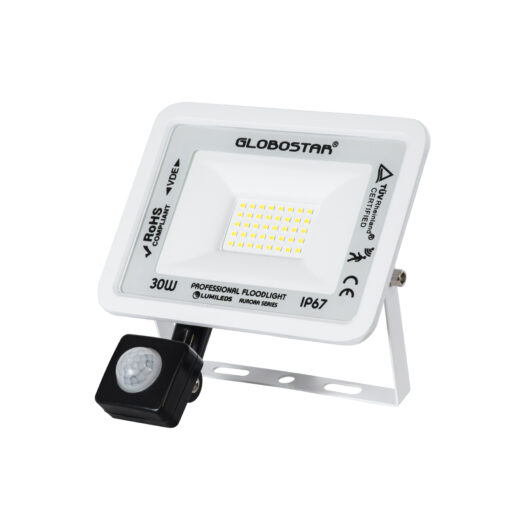 GloboStar® AURORA 61440 Επαγγελματικός Προβολέας LED 30W 3750lm 120° AC 220-240V με Ενσωματωμένο Ρυθμιζόμενο Αισθητήρα Κίνησης PIR – Αδιάβροχος IP67 – Μ16 x Π5 x Υ17.5cm – Λευκό – Ψυχρό Λευκό 6000K – LUMILEDS Chips – TÜV Rheinland Certified – 3 Years Warranty