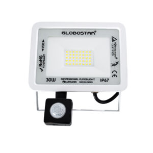 GloboStar® AURORA 61440 Επαγγελματικός Προβολέας LED 30W 3750lm 120° AC 220-240V με Ενσωματωμένο Ρυθμιζόμενο Αισθητήρα Κίνησης PIR – Αδιάβροχος IP67 – Μ16 x Π5 x Υ17.5cm – Λευκό – Ψυχρό Λευκό 6000K – LUMILEDS Chips – TÜV Rheinland Certified – 3 Years Warranty