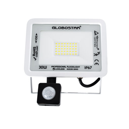 GloboStar® AURORA 61440 Επαγγελματικός Προβολέας LED 30W 3750lm 120° AC 220-240V με Ενσωματωμένο Ρυθμιζόμενο Αισθητήρα Κίνησης PIR – Αδιάβροχος IP67 – Μ16 x Π5 x Υ17.5cm – Λευκό – Ψυχρό Λευκό 6000K – LUMILEDS Chips – TÜV Rheinland Certified – 3 Years Warranty