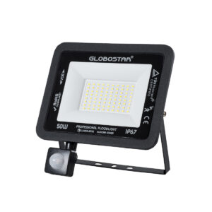 GloboStar® AURORA 61441 Επαγγελματικός Προβολέας LED 50W 6250lm 120° AC 220-240V με Ενσωματωμένο Ρυθμιζόμενο Αισθητήρα Κίνησης PIR – Αδιάβροχος IP67 – Μ21 x Π5 x Υ21cm – Μαύρο – Ψυχρό Λευκό 6000K – LUMILEDS Chips – TÜV Rheinland Certified – 3 Years Warranty