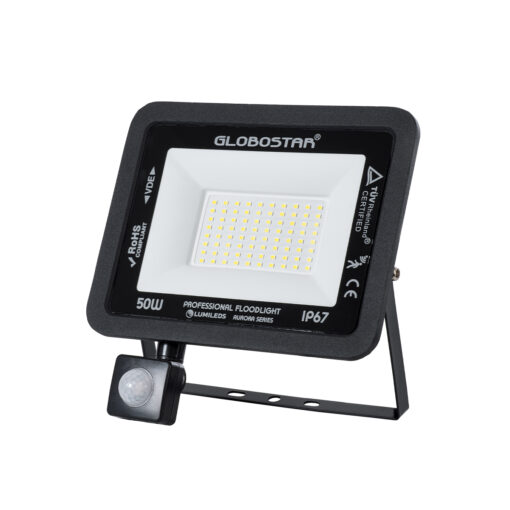 GloboStar® AURORA 61441 Επαγγελματικός Προβολέας LED 50W 6250lm 120° AC 220-240V με Ενσωματωμένο Ρυθμιζόμενο Αισθητήρα Κίνησης PIR – Αδιάβροχος IP67 – Μ21 x Π5 x Υ21cm – Μαύρο – Ψυχρό Λευκό 6000K – LUMILEDS Chips – TÜV Rheinland Certified – 3 Years Warranty