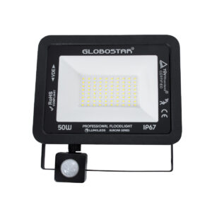 GloboStar® AURORA 61441 Επαγγελματικός Προβολέας LED 50W 6250lm 120° AC 220-240V με Ενσωματωμένο Ρυθμιζόμενο Αισθητήρα Κίνησης PIR – Αδιάβροχος IP67 – Μ21 x Π5 x Υ21cm – Μαύρο – Ψυχρό Λευκό 6000K – LUMILEDS Chips – TÜV Rheinland Certified – 3 Years Warranty
