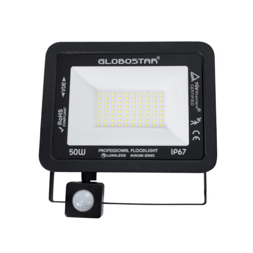 GloboStar® AURORA 61441 Επαγγελματικός Προβολέας LED 50W 6250lm 120° AC 220-240V με Ενσωματωμένο Ρυθμιζόμενο Αισθητήρα Κίνησης PIR – Αδιάβροχος IP67 – Μ21 x Π5 x Υ21cm – Μαύρο – Ψυχρό Λευκό 6000K – LUMILEDS Chips – TÜV Rheinland Certified – 3 Years Warranty