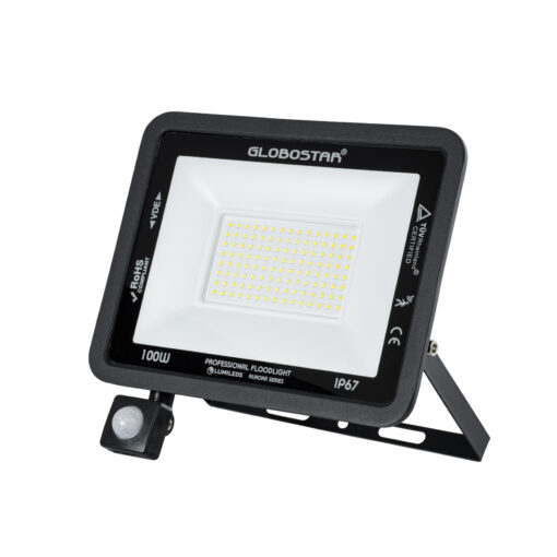 GloboStar® AURORA 61443 Επαγγελματικός Προβολέας LED 100W 12500lm 120° AC 220-240V με Ενσωματωμένο Ρυθμιζόμενο Αισθητήρα Κίνησης PIR – Αδιάβροχος IP67 – Μ25 x Π6.5 x Υ27.5cm – Μαύρο – Ψυχρό Λευκό 6000K – LUMILEDS Chips – TÜV Rheinland Certified – 3 Years Warranty