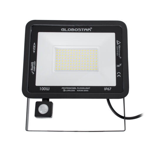GloboStar® AURORA 61443 Επαγγελματικός Προβολέας LED 100W 12500lm 120° AC 220-240V με Ενσωματωμένο Ρυθμιζόμενο Αισθητήρα Κίνησης PIR – Αδιάβροχος IP67 – Μ25 x Π6.5 x Υ27.5cm – Μαύρο – Ψυχρό Λευκό 6000K – LUMILEDS Chips – TÜV Rheinland Certified – 3 Years Warranty