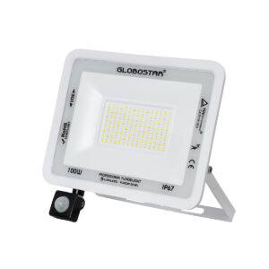 GloboStar® AURORA 61444 Επαγγελματικός Προβολέας LED 100W 12500lm 120° AC 220-240V με Ενσωματωμένο Ρυθμιζόμενο Αισθητήρα Κίνησης PIR – Αδιάβροχος IP67 – Μ25 x Π6.5 x Υ27.5cm – Λευκό – Ψυχρό Λευκό 6000K – LUMILEDS Chips – TÜV Rheinland Certified – 3 Years Warranty