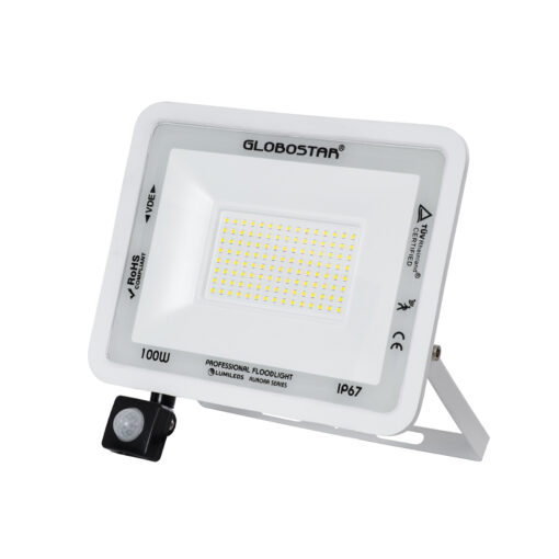 GloboStar® AURORA 61444 Επαγγελματικός Προβολέας LED 100W 12500lm 120° AC 220-240V με Ενσωματωμένο Ρυθμιζόμενο Αισθητήρα Κίνησης PIR – Αδιάβροχος IP67 – Μ25 x Π6.5 x Υ27.5cm – Λευκό – Ψυχρό Λευκό 6000K – LUMILEDS Chips – TÜV Rheinland Certified – 3 Years Warranty