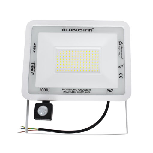 GloboStar® AURORA 61444 Επαγγελματικός Προβολέας LED 100W 12500lm 120° AC 220-240V με Ενσωματωμένο Ρυθμιζόμενο Αισθητήρα Κίνησης PIR – Αδιάβροχος IP67 – Μ25 x Π6.5 x Υ27.5cm – Λευκό – Ψυχρό Λευκό 6000K – LUMILEDS Chips – TÜV Rheinland Certified – 3 Years Warranty