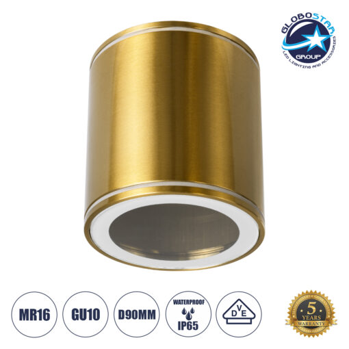 GloboStar® MARETTI 61447 Επιφανειακό Στρόγγυλο Φωτιστικό Σποτ με Ντουί 1 x GU10 VDE Certified AC 220-240V Αδιάβροχο IP65 – Σώμα Αλουμινίου & Υψηλής Αντοχής Tempered Glass – Φ9 x Υ9cm – Χρυσό Πλατίνα – 5 Χρόνια Εγγύηση